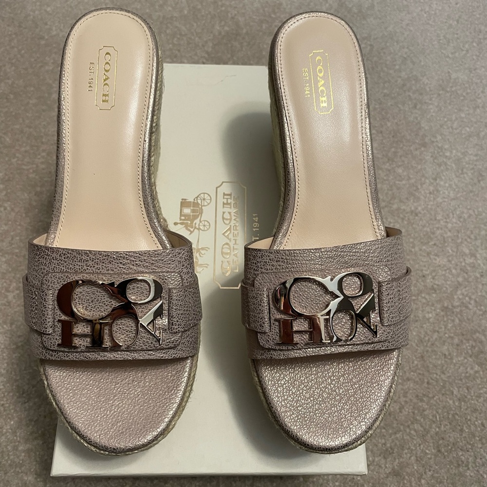 NIB Coach Carlana Pebbled Metallic Champagne Espadrilles Platform Wdgs S 9M